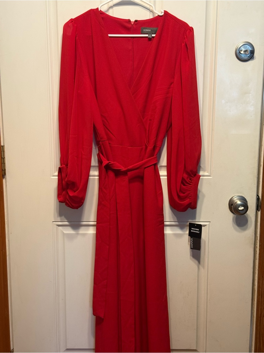 Donna Ricco Red Wrap Wide-Leg Jumpsuit with Tie Waist